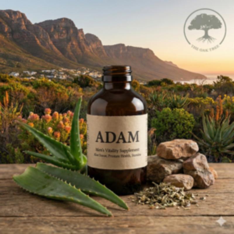 A brown glass bottle of Adam Men's Vitality Supplement on a wooden table with fresh aloe and a mountain sunset.