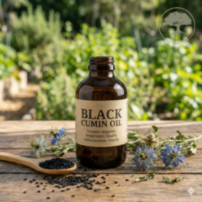 A brown glass bottle of Black Cumin Oil on a wooden table with fresh blue Nigella flowers and seeds.