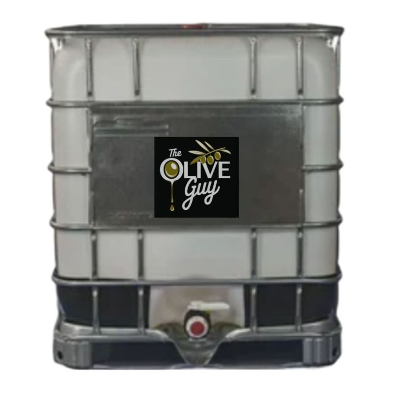 An industrial IBC tote container for bulk wholesale supply of The Olive Guy, extra virgin olive oil.