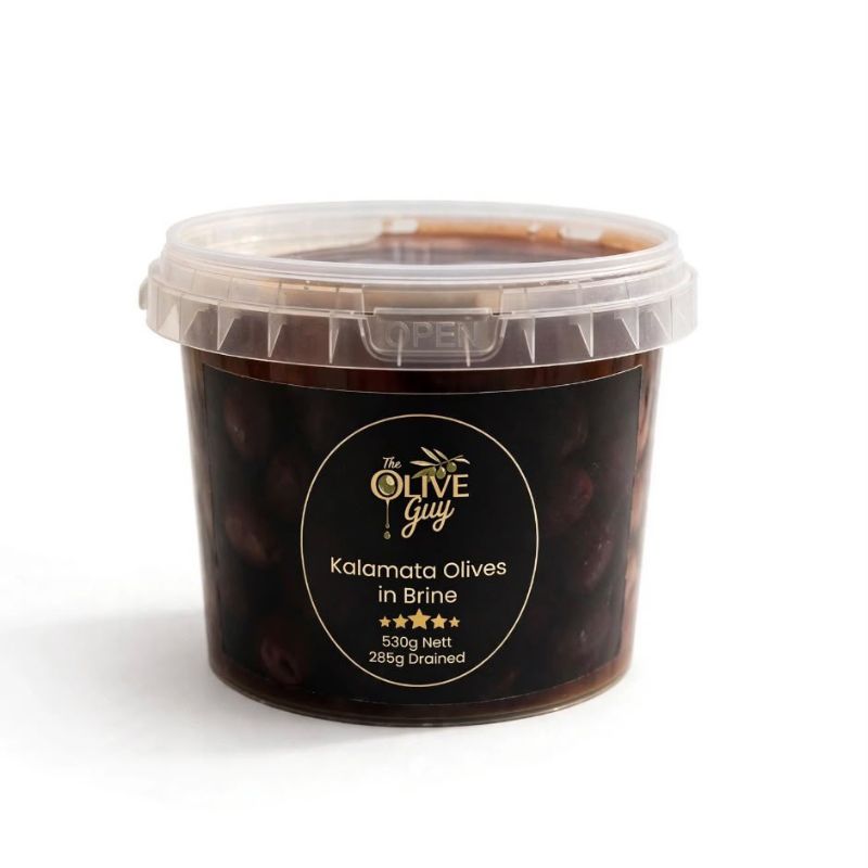 A 530g tub of The Olive Guy Kalamata Olives in brine